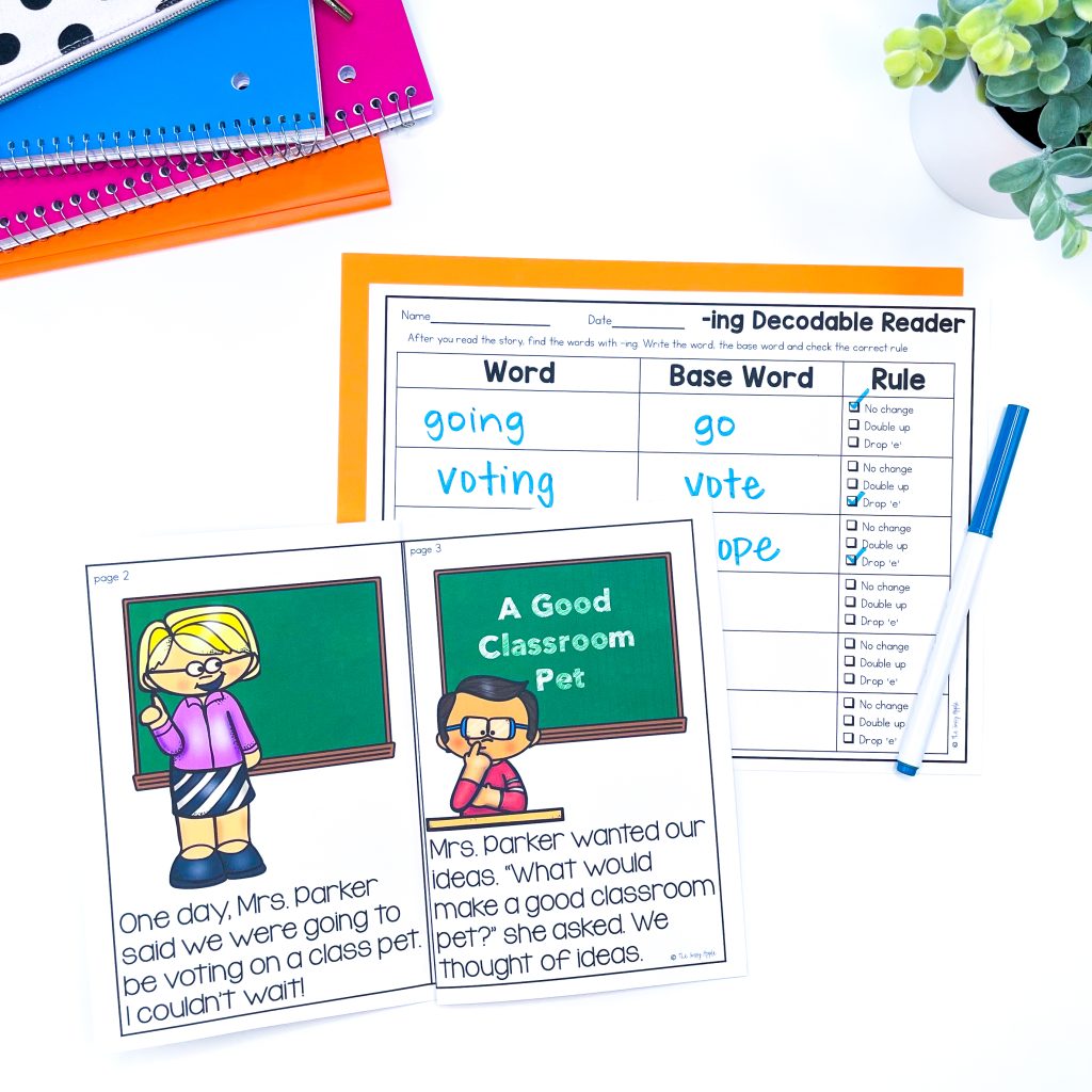 decodable story passage suffixes ed and ing