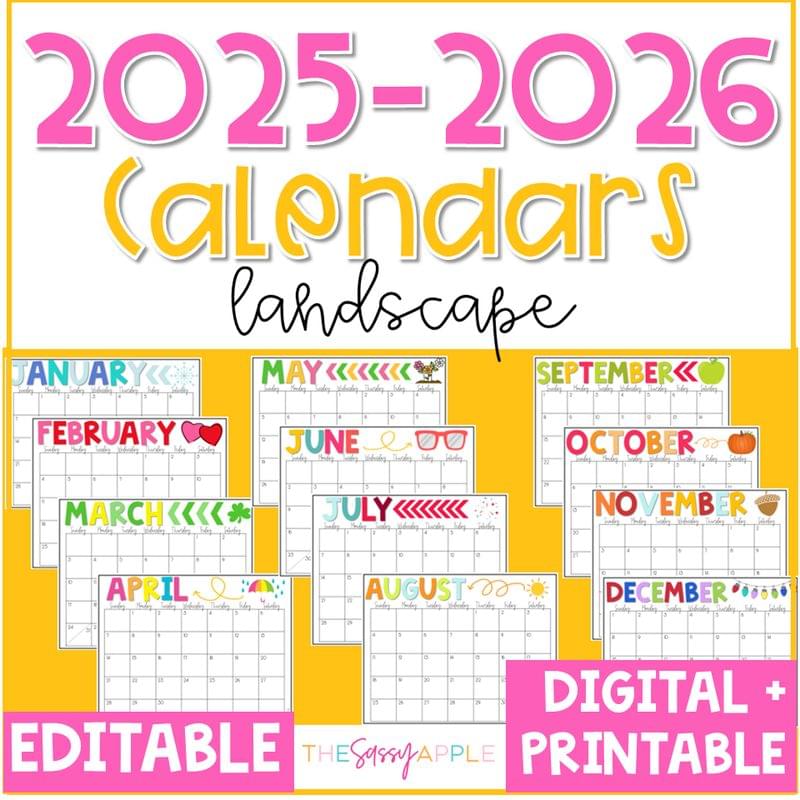 2025-2026 EDITABLE Monthly Calendars PRINT & DIGITAL: LANDSCAPE