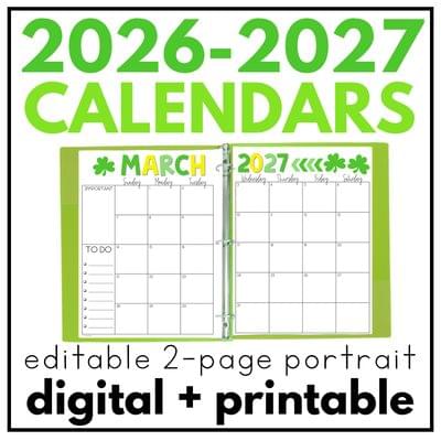 2026-2027 EDITABLE Monthly Calendars 2-Page Portrait
